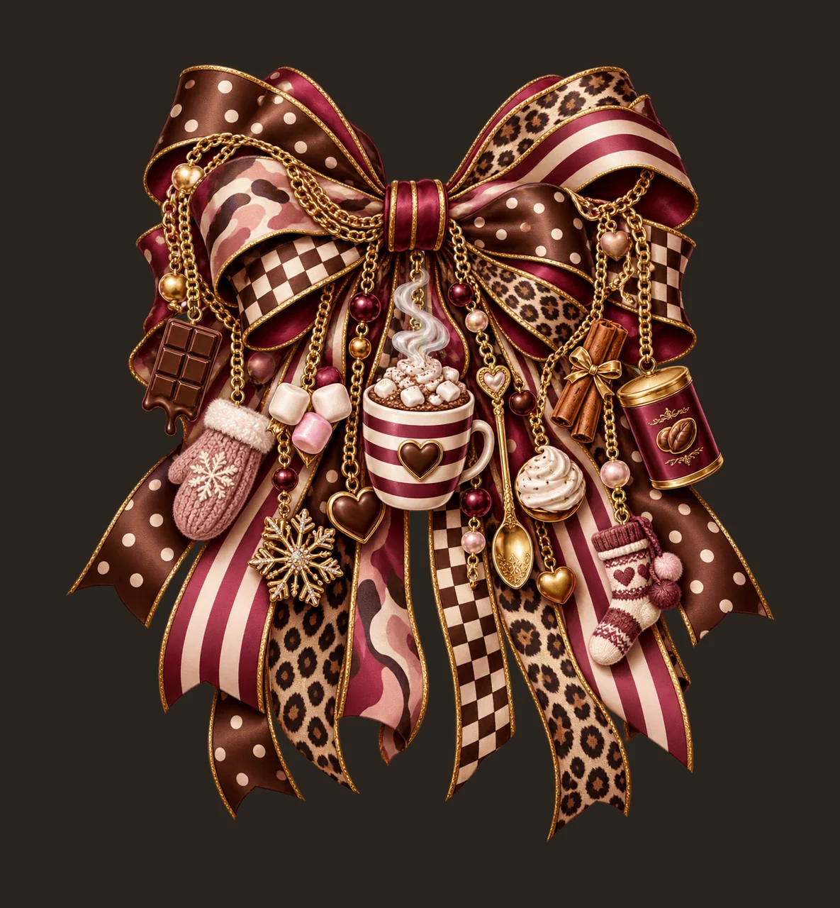 Hot Cocoa Lover Bow Charm PNG, Mug Marshmallow Chocolate and Cozy Winter Charms, Sublimation Design, Transparent Download contrast preview thumbnail