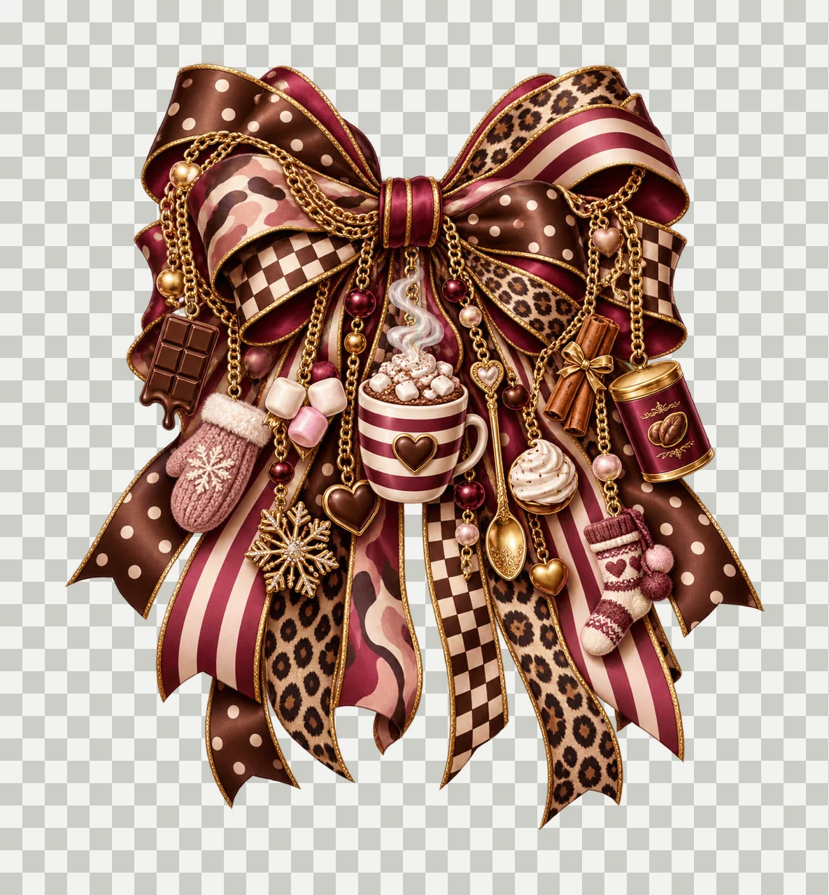 Hot Cocoa Lover Bow Charm PNG, Mug Marshmallow Chocolate and Cozy Winter Charms, Sublimation Design, Transparent Download transparency and detail preview thumbnail