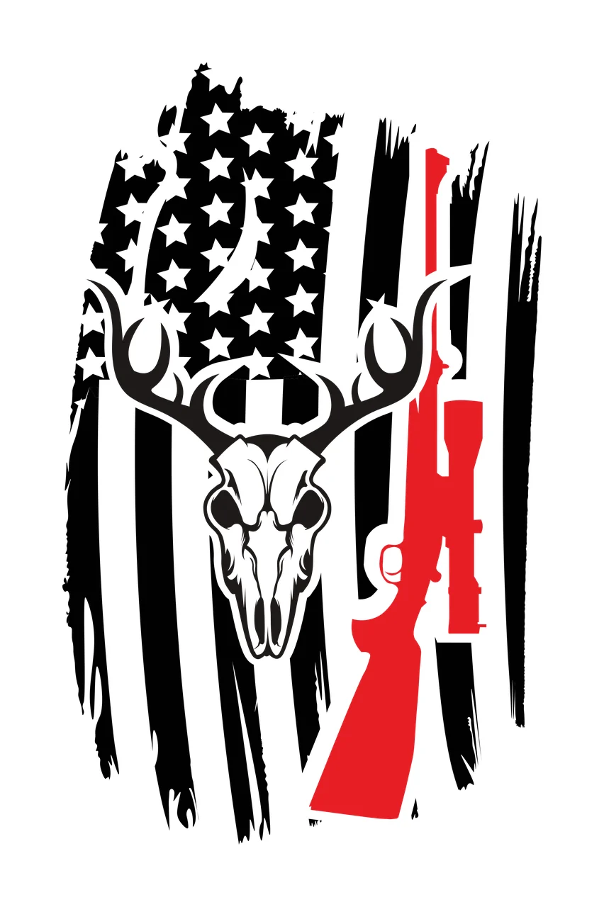 Skull American Flag And Hunting Rifle deer antlers distressed