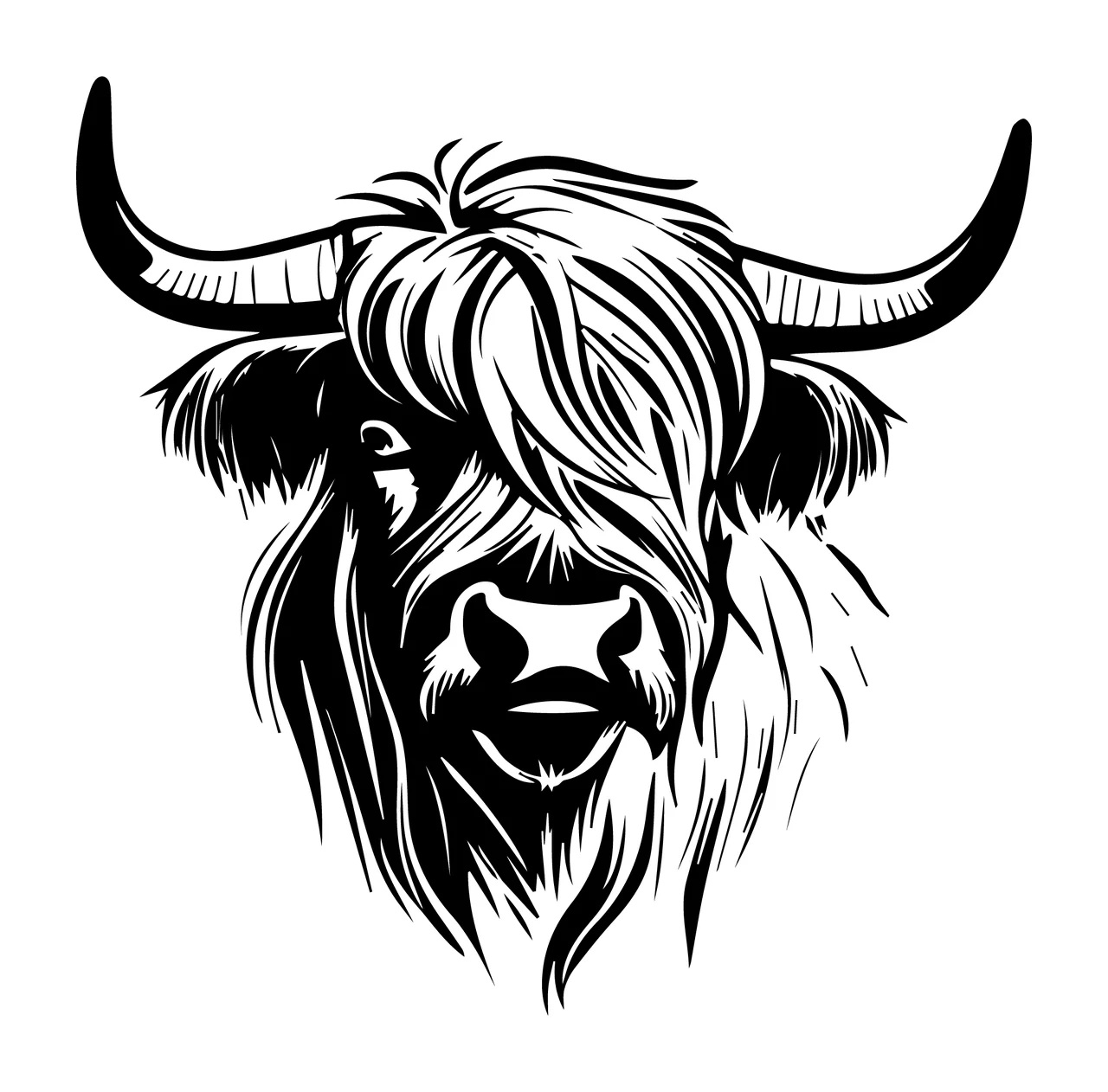 Cow Highland Cattle Head Graphic Illustration looking horns