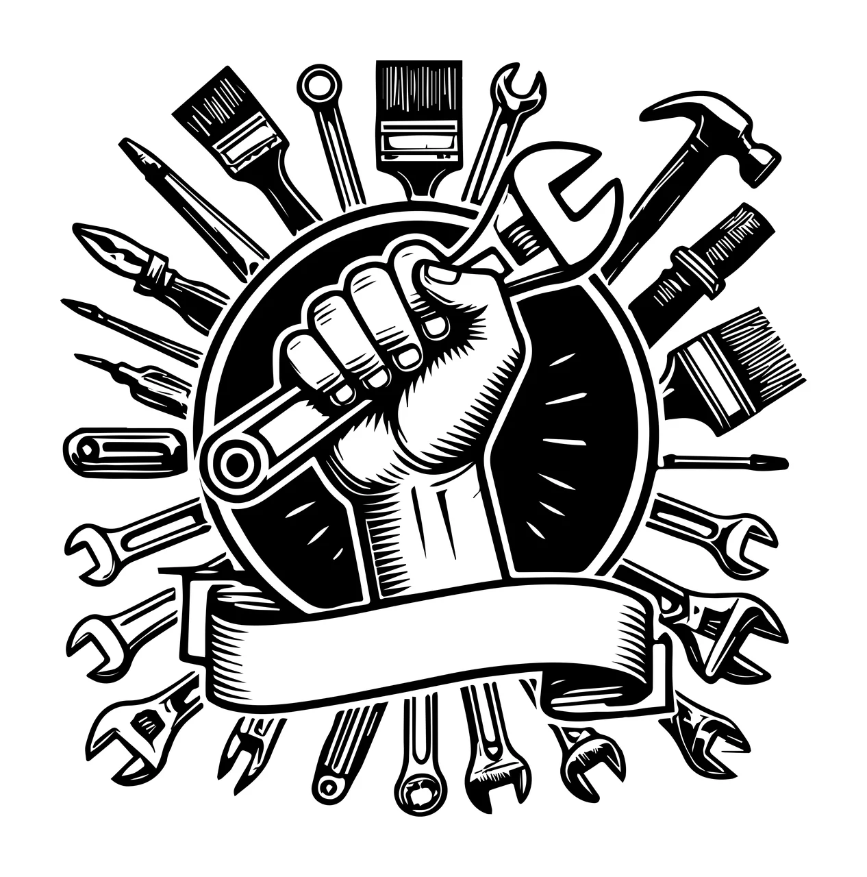 Hand Holding Wrench With Assorted Tools hammer paint brush