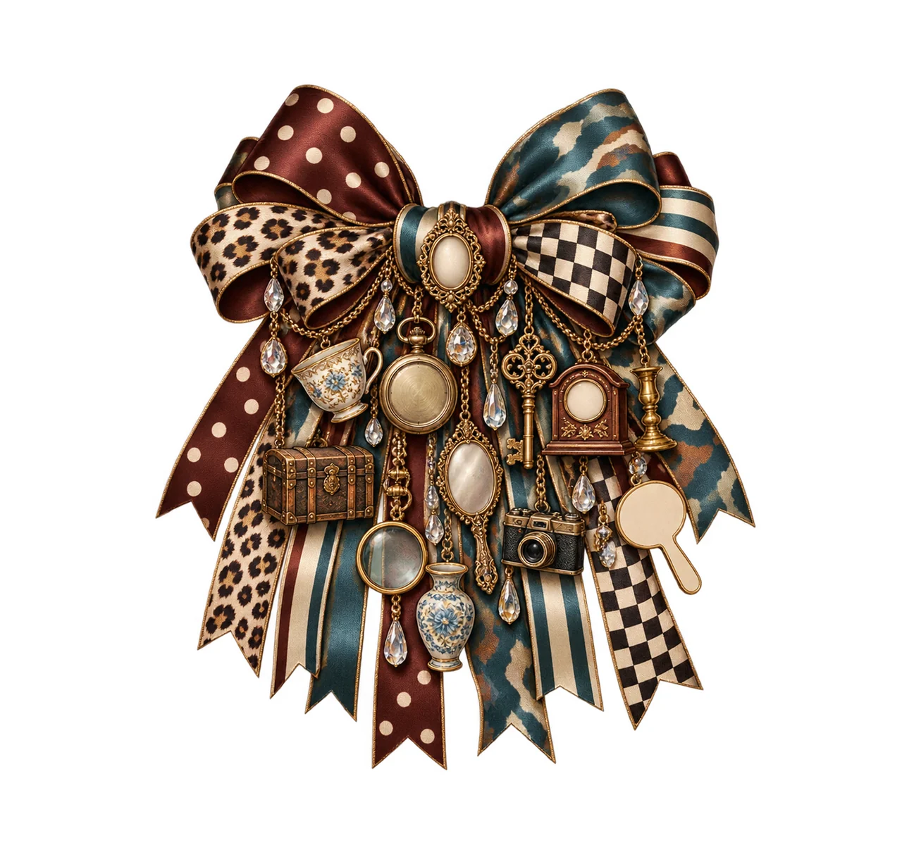 Antique Collector Bow Charm PNG, Gold Chain Charms, Transparent Sublimation Design, Digital Download