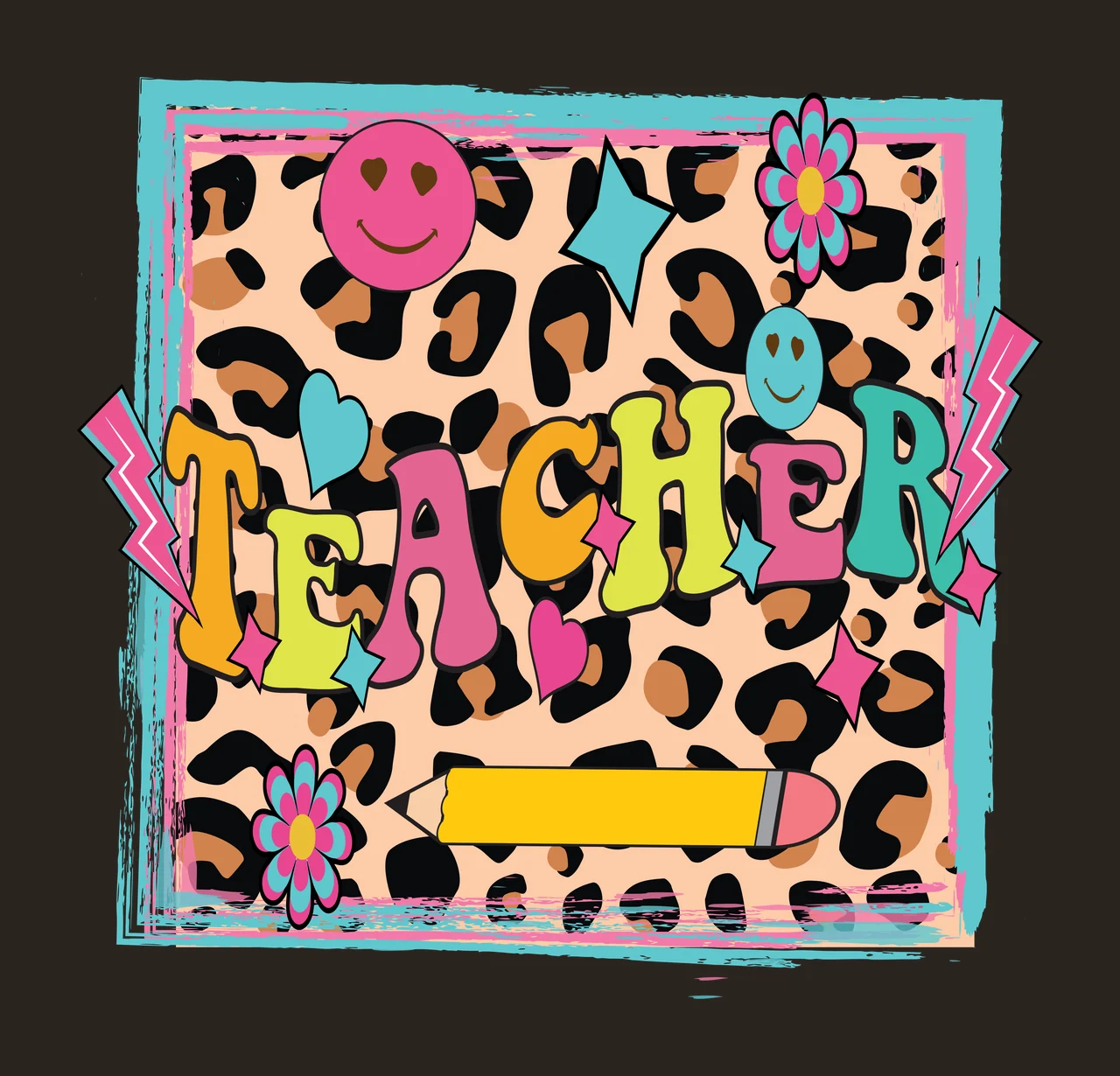 TEACHER TEACHER typography with TEACHER text, leopard print, smiley faces and pencil in pink, yellow and orange contrast preview thumbnail