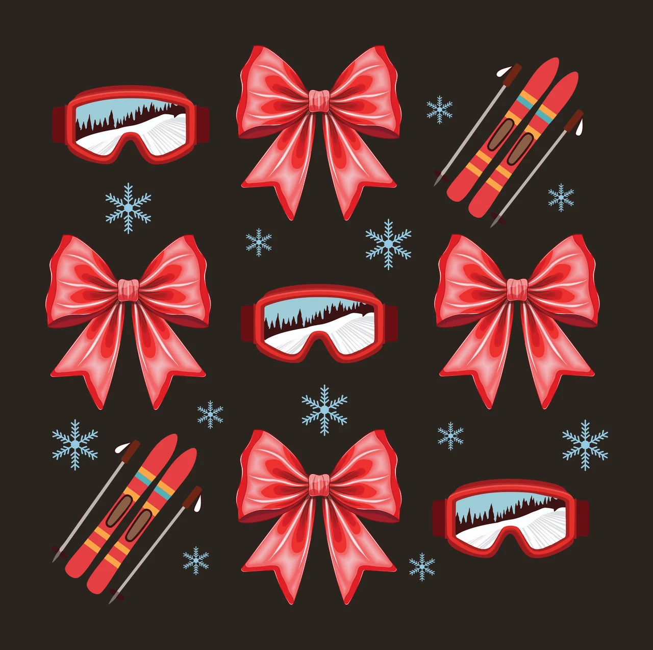 Ski Skiing Equipment Set With Black Bows decorating snowflakes contrast preview thumbnail