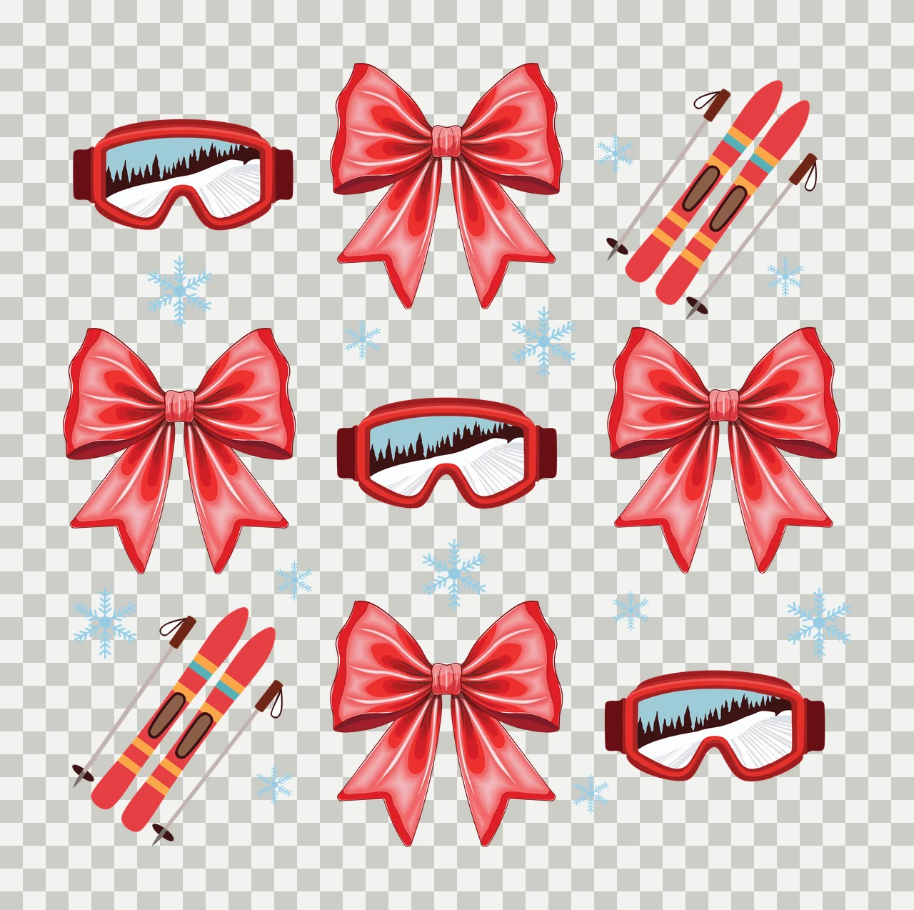 Ski Skiing Equipment Set With Black Bows decorating snowflakes transparency and detail preview thumbnail