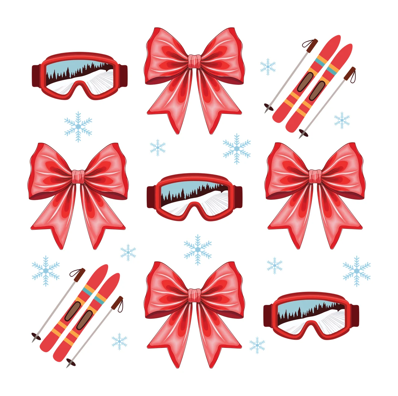 Ski Skiing Equipment Set With Black Bows decorating snowflakes