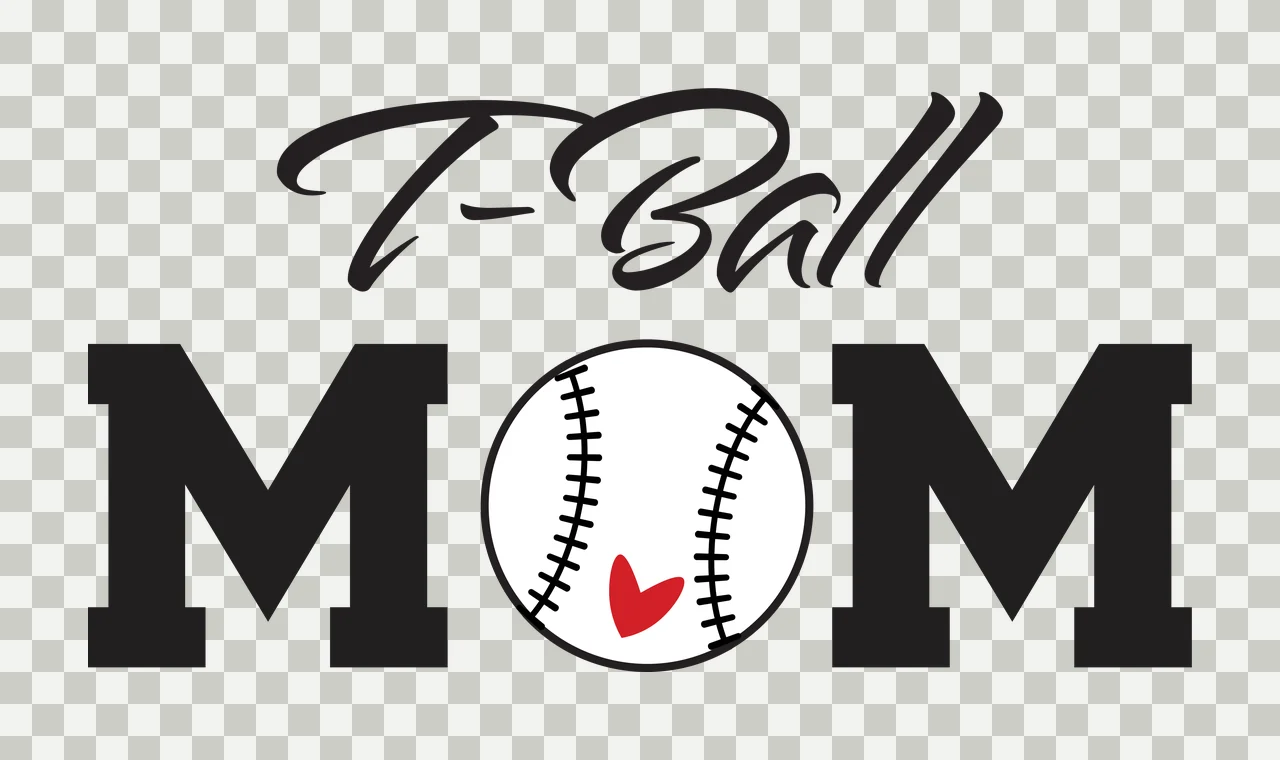 T-Ball MOM Typography Design with T-Ball text, MOM letters, baseball with stitching and red heart in black and white transparency and detail preview thumbnail