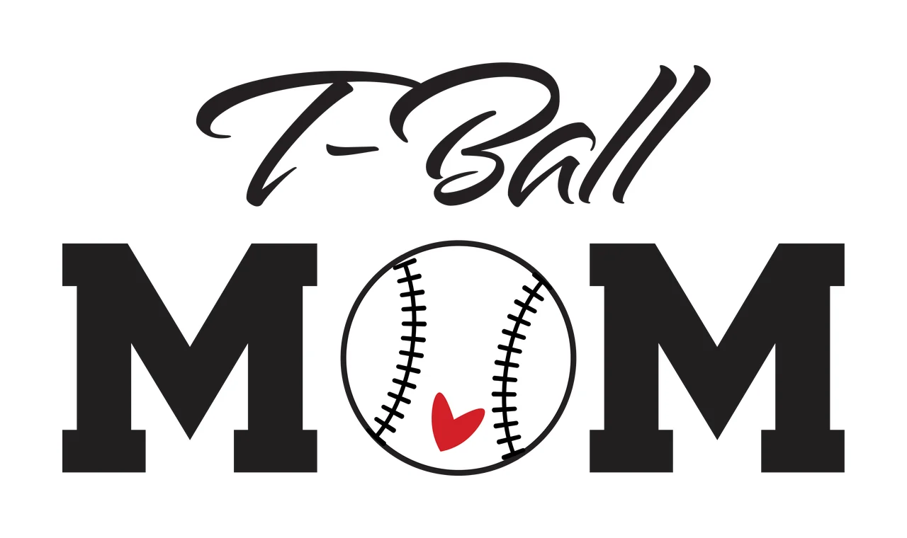 T-Ball MOM Typography Design with T-Ball text, MOM letters, baseball with stitching and red heart in black and white