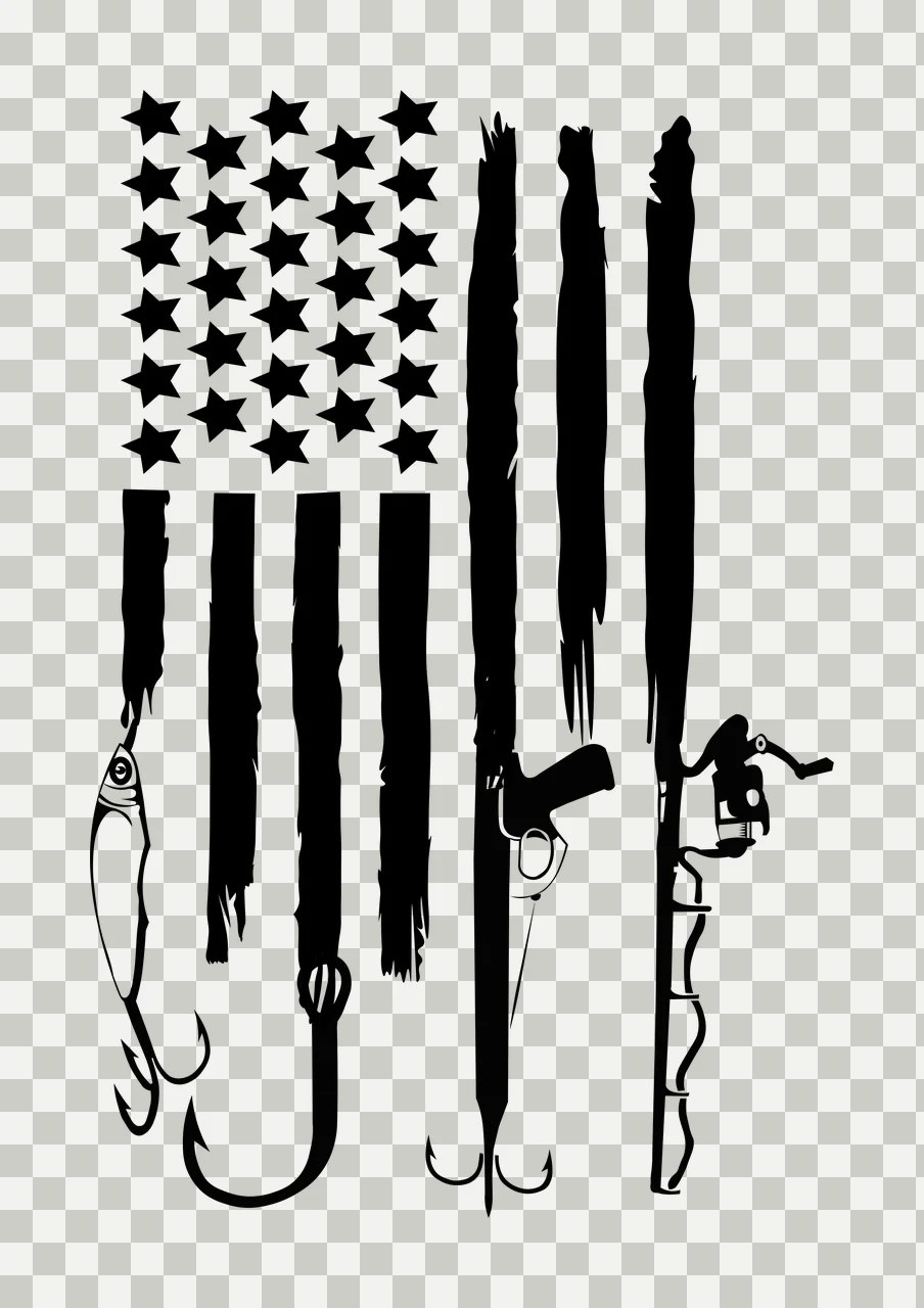 Fishing Gear On Flag Background arranged lure hook rod reel transparency and detail preview thumbnail