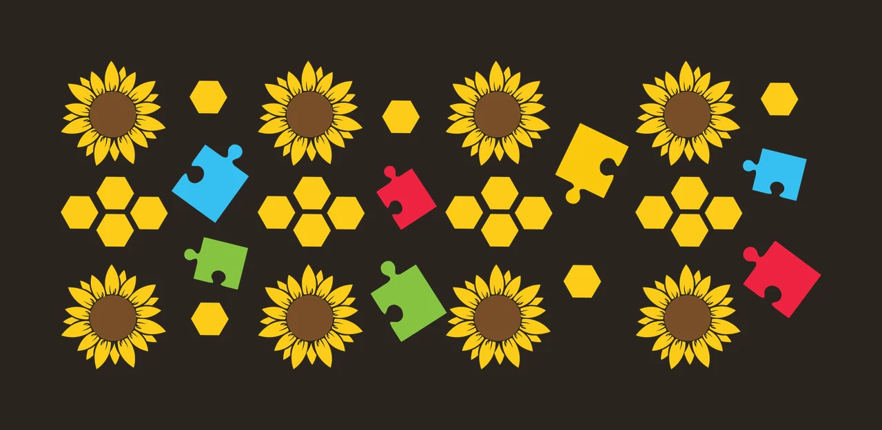 Sunflower, puzzle piece, and hexagon pattern Illustration with yellow sunflower, brown center, colorful puzzle pieces and yellow hexagons in blue contrast preview thumbnail