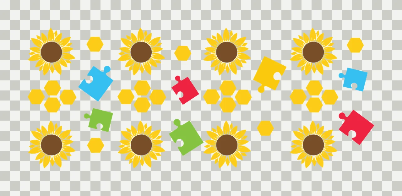 Sunflower, puzzle piece, and hexagon pattern Illustration with yellow sunflower, brown center, colorful puzzle pieces and yellow hexagons in blue transparency and detail preview thumbnail