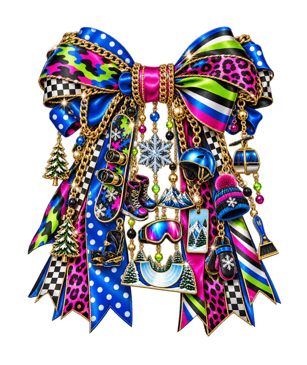 Snowboarding Lover Bow Charm PNG, Snowboard Boots Goggles Mountain and Half Pipe Charms, Winter Sport Design, Transparent Download