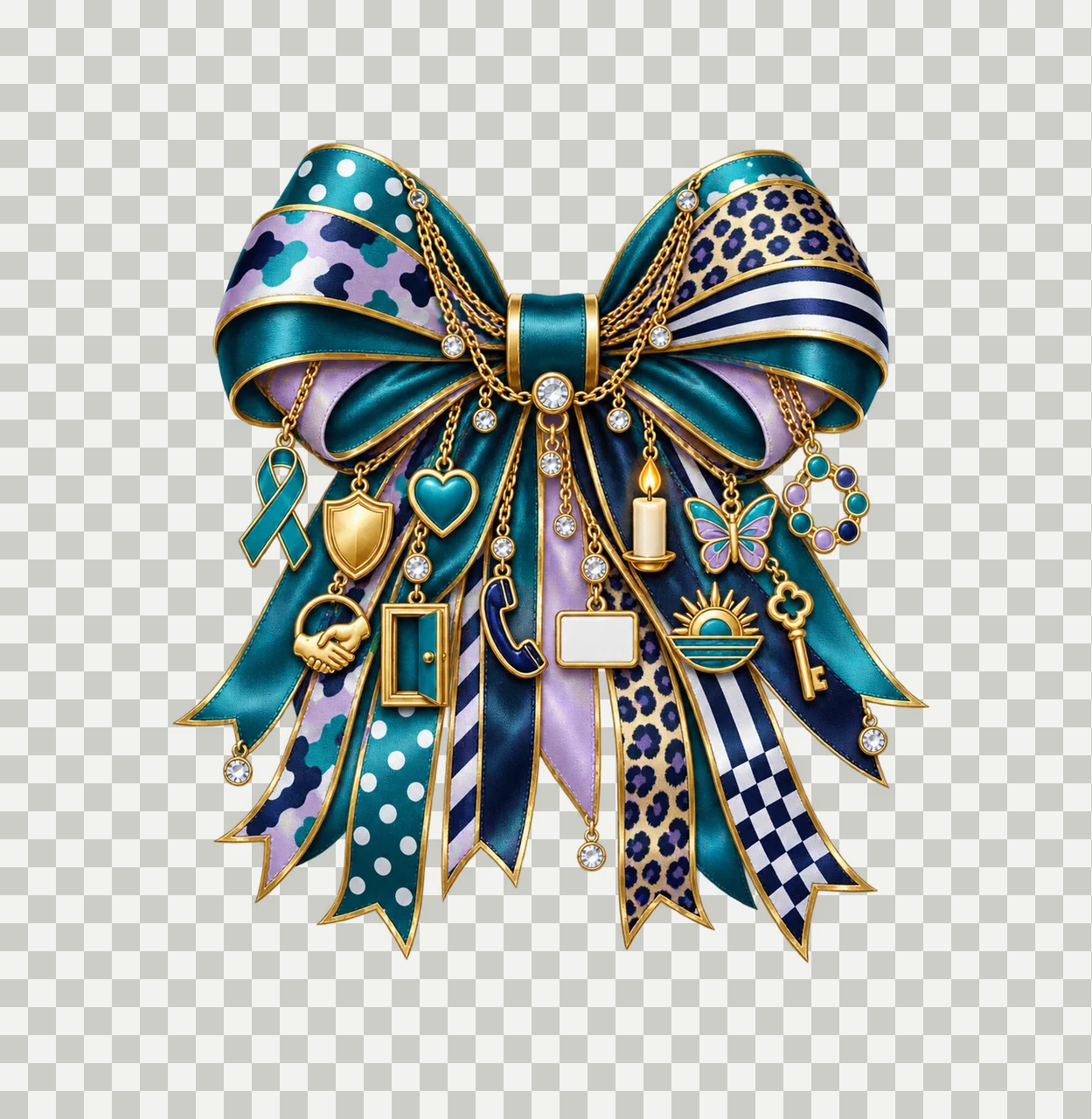 Sexual Assault Awareness and Survivor Support Bow Charm PNG, Gold Chain Charms, Transparent Sublimation Design, Digital Download transparency and detail preview thumbnail