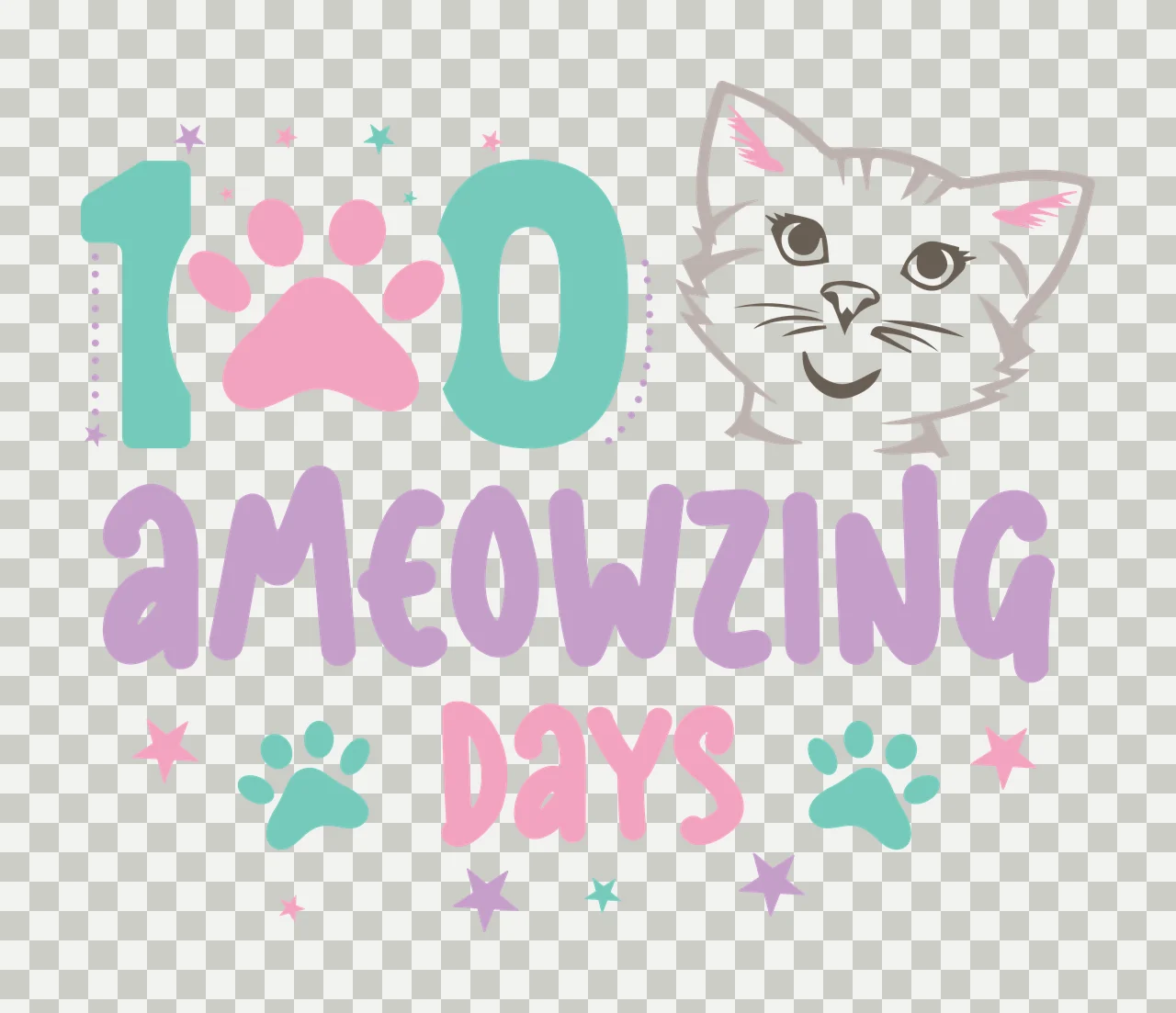 Cat 100 Ameowzing Days Head paw print stars typographic black transparency and detail preview thumbnail