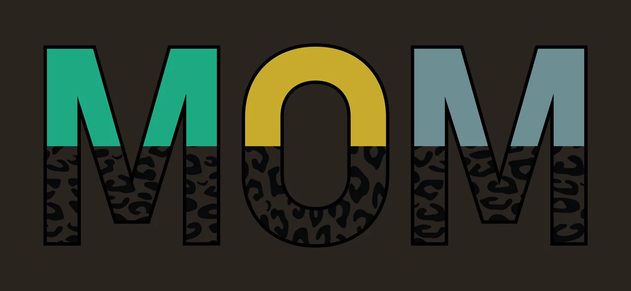 MOM Typography Design with black outlined letters, leopard print pattern, solid color blocks and mustard yellow in green contrast preview thumbnail