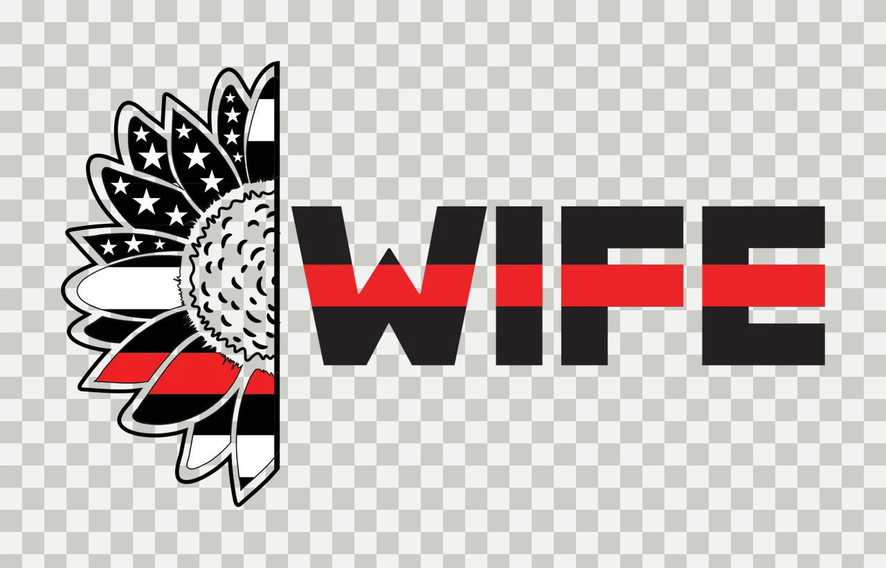 WIFE thin red line sunflower wife Design with half sunflower, stars and stripes and bold lettering in black and white transparency and detail preview thumbnail
