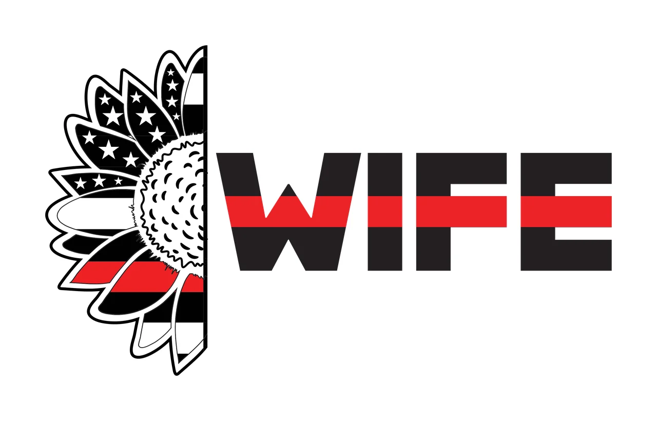 WIFE thin red line sunflower wife Design with half sunflower, stars and stripes and bold lettering in black and white