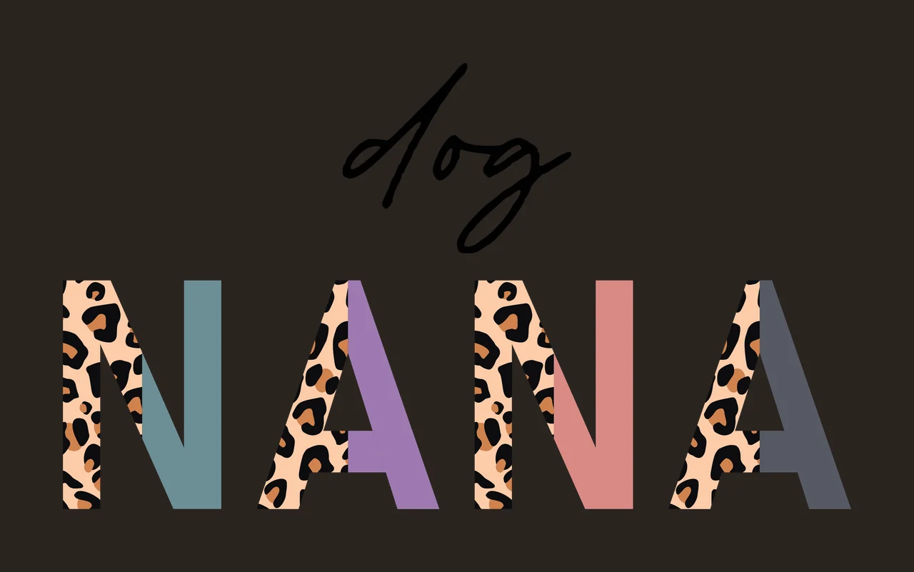 Dog NANA Typography Design with script text, leopard print pattern, split block letters and pastel solid colors in white, black and teal contrast preview thumbnail