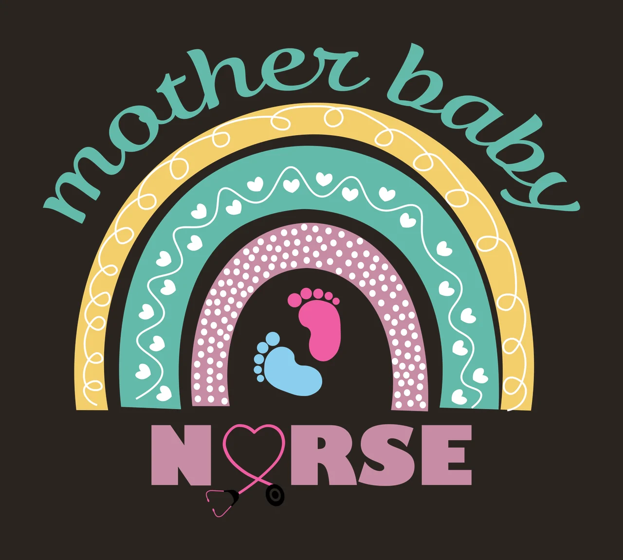 Mother baby NURSE Typography Design with boho rainbow, baby footprints, heart stethoscope and cursive lettering in teal, yellow and dusty pink contrast preview thumbnail