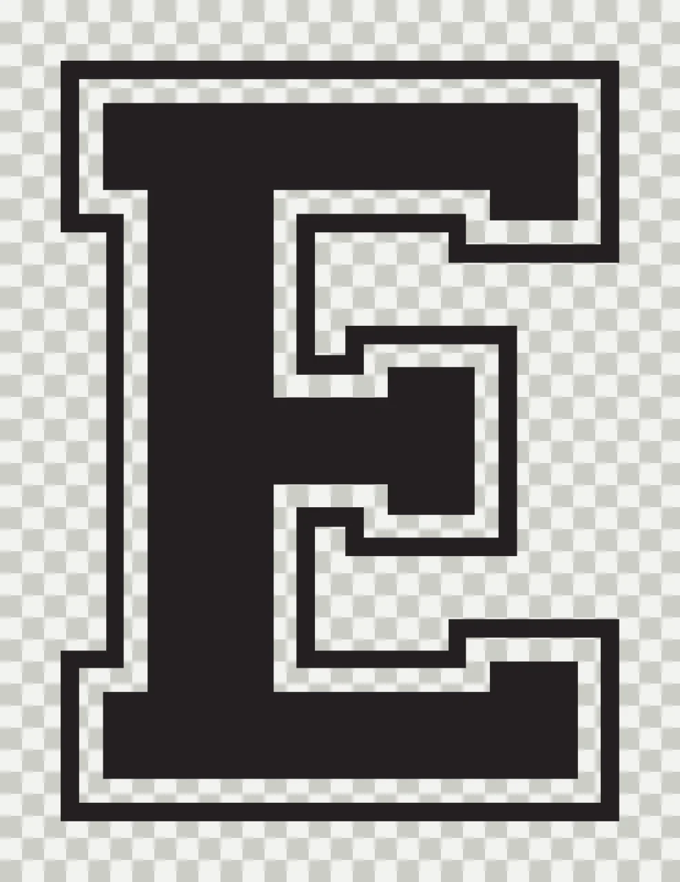 E Letter Design with block lettering, double outline, varsity and geometric shapes in black and white transparency and detail preview thumbnail