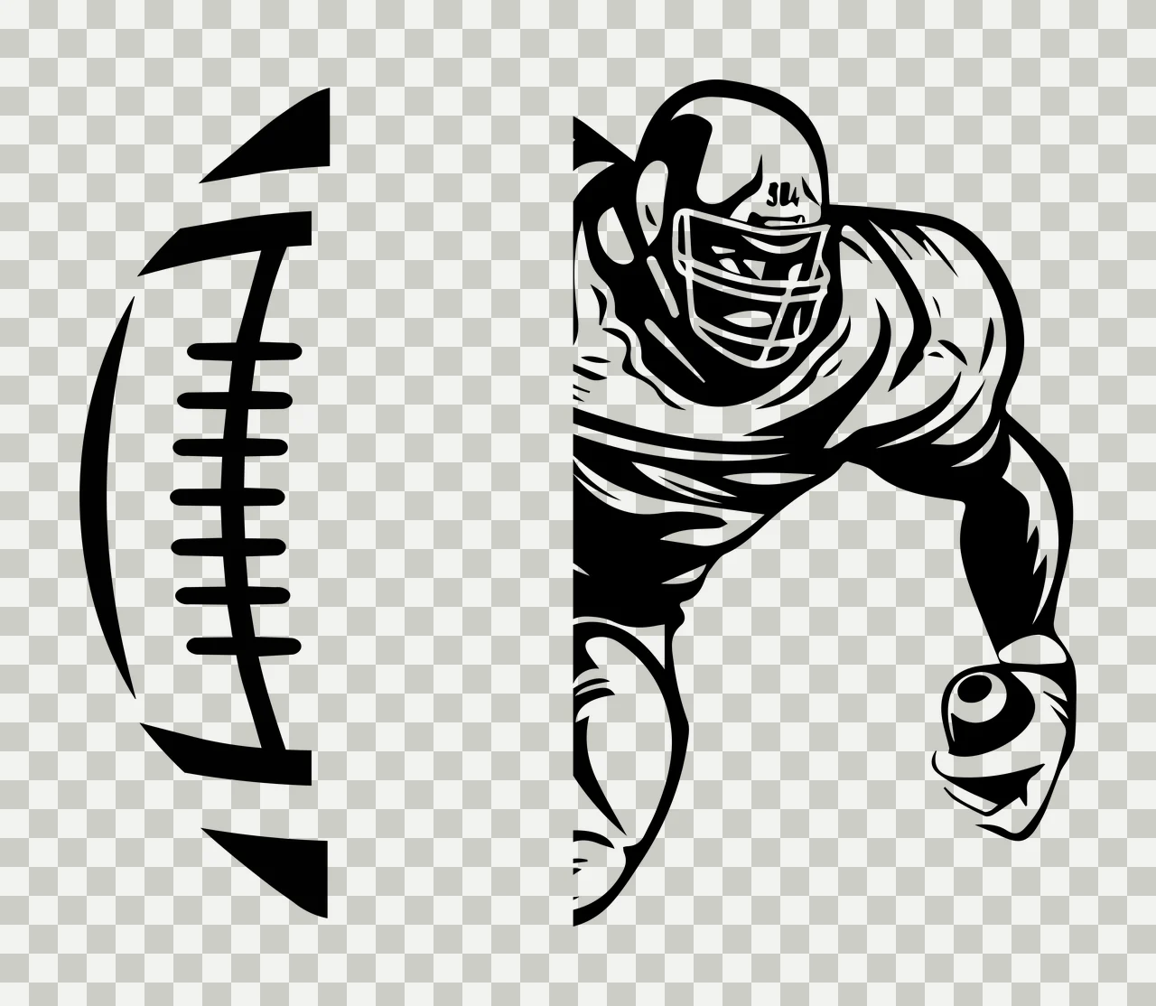 Football Player Silhouette With Half Ball running black white transparency and detail preview thumbnail