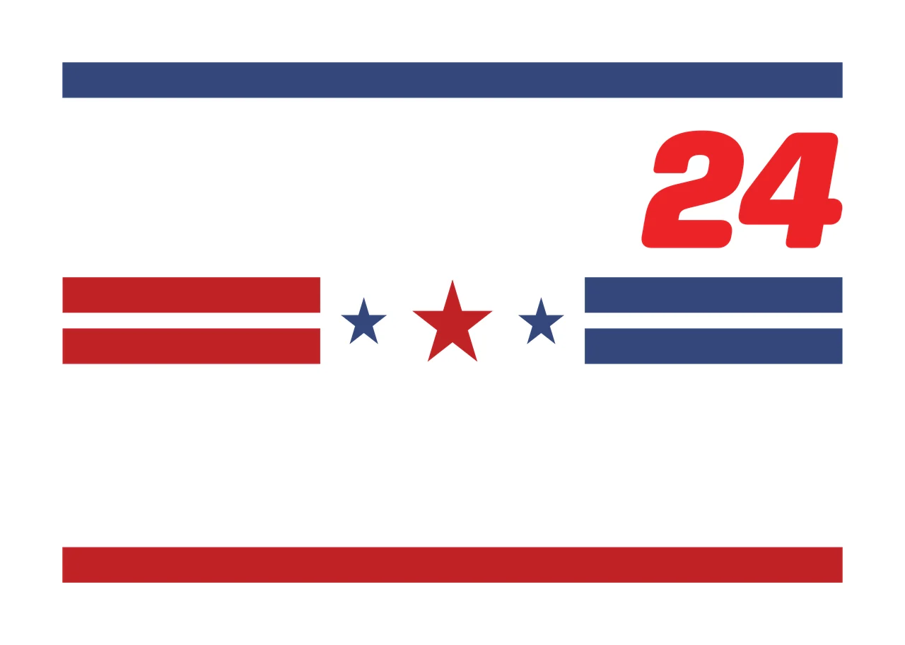 24 Number Design with red number 24, blue horizontal stripe, two blue stars and one red star in white