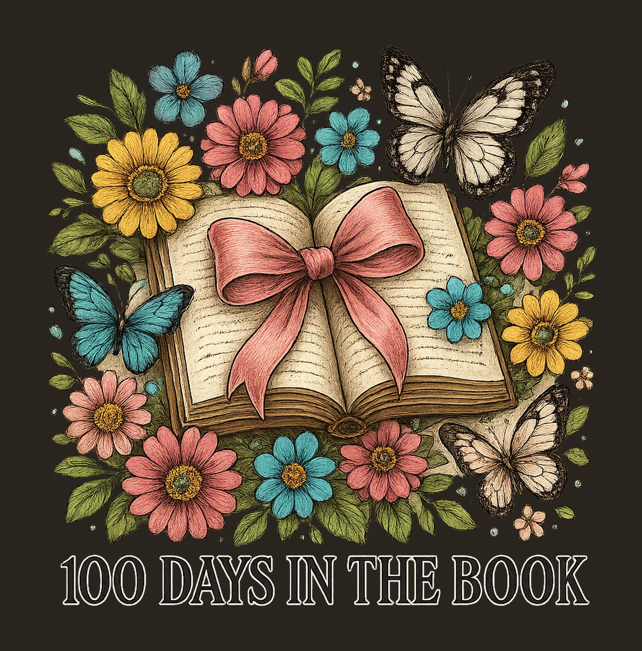 100 Days In The Book Floral Coquette Bow Design Retro School contrast preview thumbnail