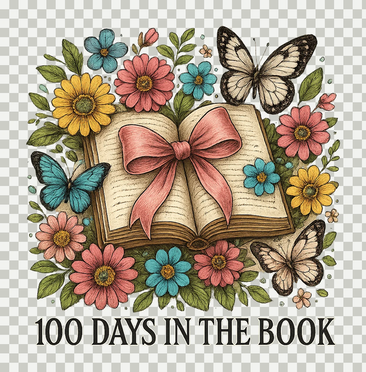 100 Days In The Book Floral Coquette Bow Design Retro School transparency and detail preview thumbnail