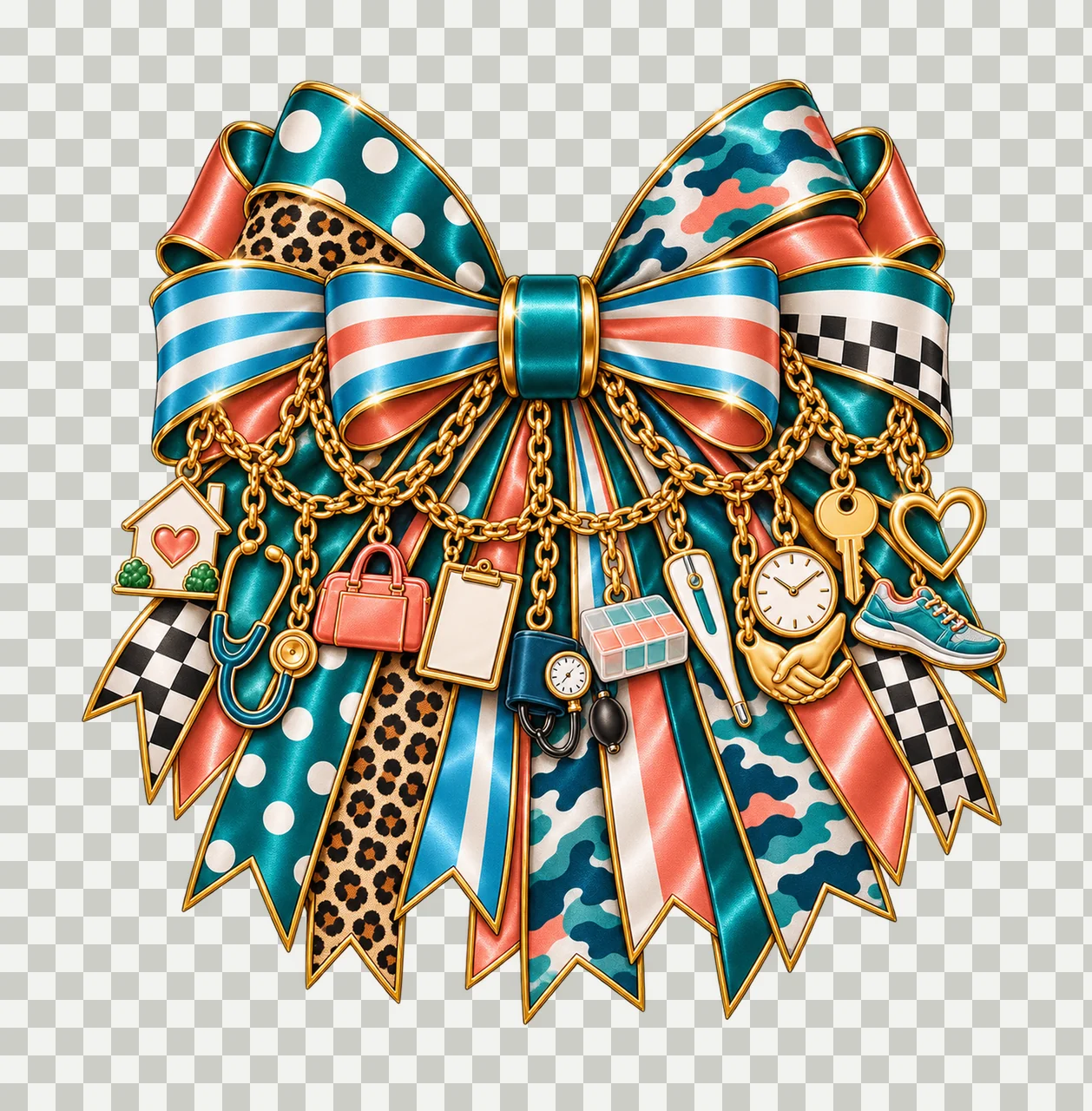 Home Health Nurse Bow Charm PNG, Gold Chain Charms, Transparent Sublimation Design, Digital Download transparency and detail preview thumbnail