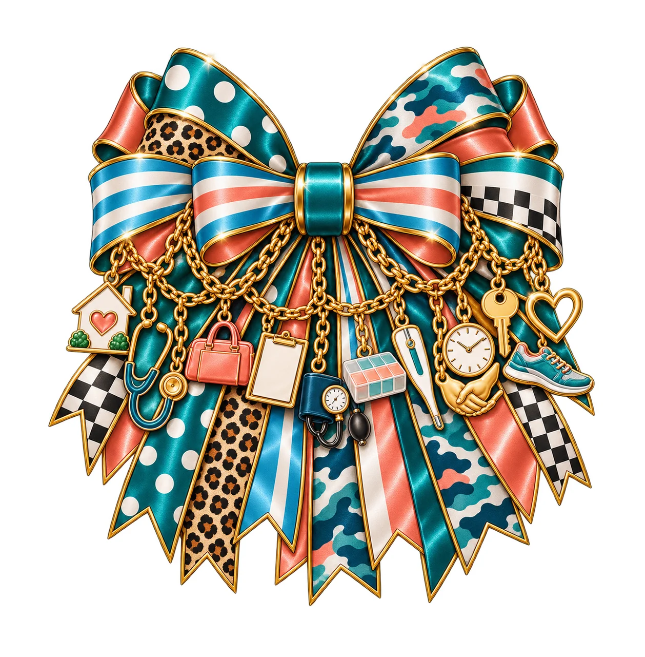 Home Health Nurse Bow Charm PNG, Gold Chain Charms, Transparent Sublimation Design, Digital Download