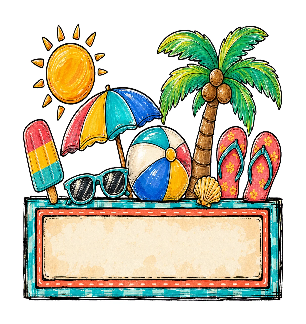 Summer Beach Name Plate Frame Design Hand Drawn Variation A