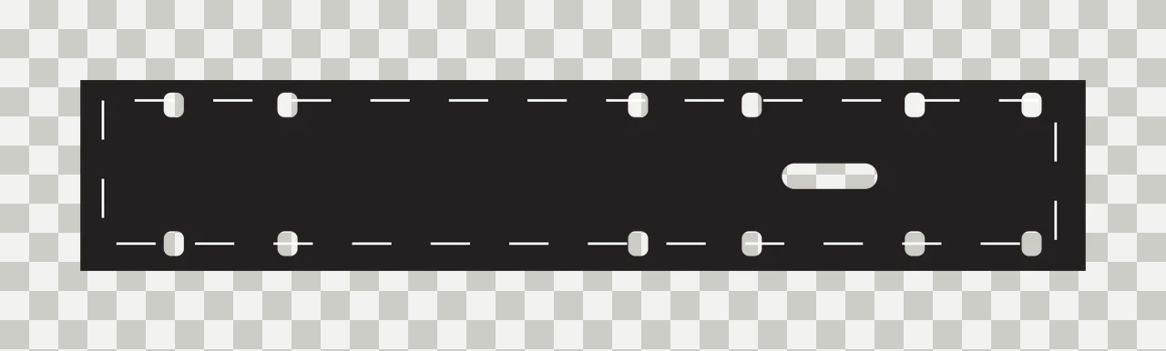 Technical gasket silhouette Illustration with black rectangular banner, white dashed border, rounded rectangular holes and central horizontal slot transparency and detail preview thumbnail