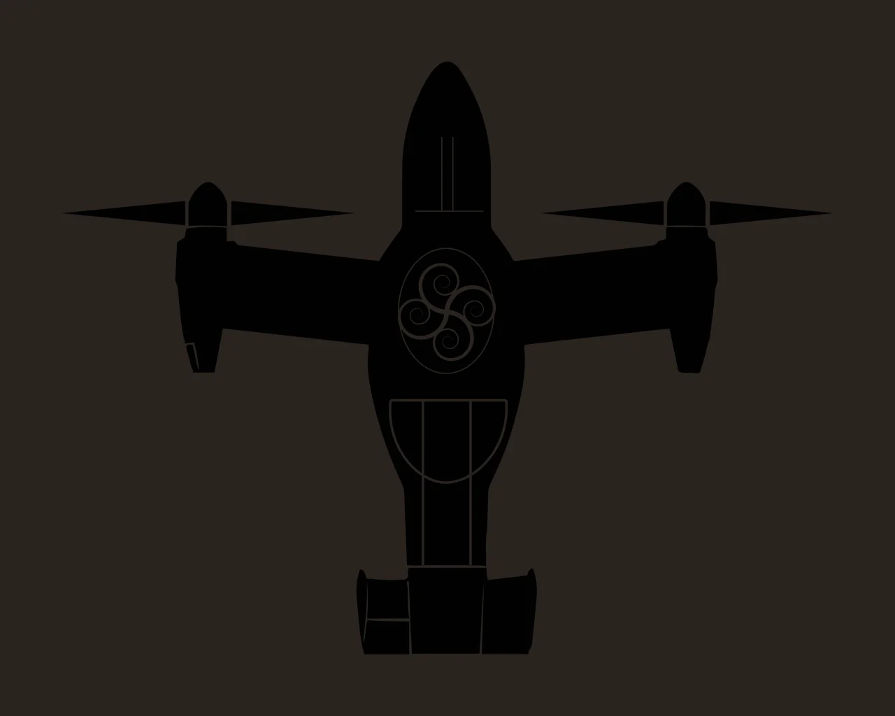 Tiltrotor aircraft silhouette Illustration with rotors, wings, spiral emblem and fuselage in black and white contrast preview thumbnail