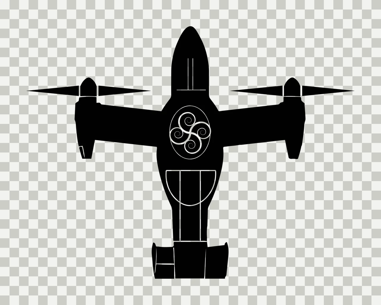Tiltrotor aircraft silhouette Illustration with rotors, wings, spiral emblem and fuselage in black and white transparency and detail preview thumbnail