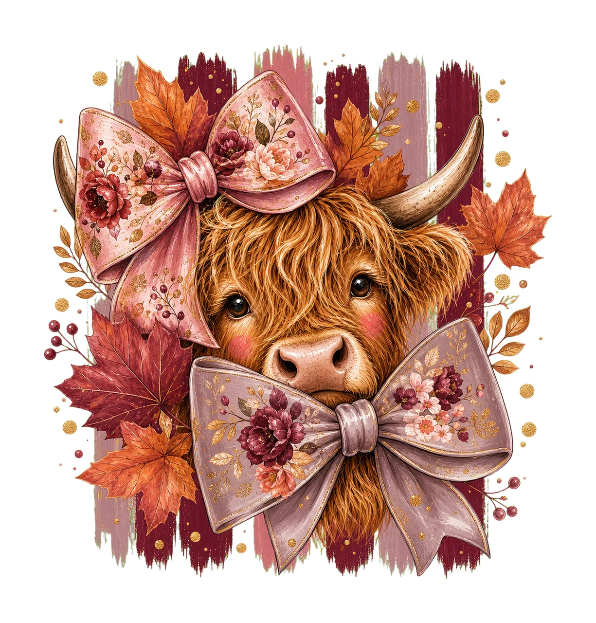 Highland Cow Fall Pink Bow Autumn Sublimation Variation D