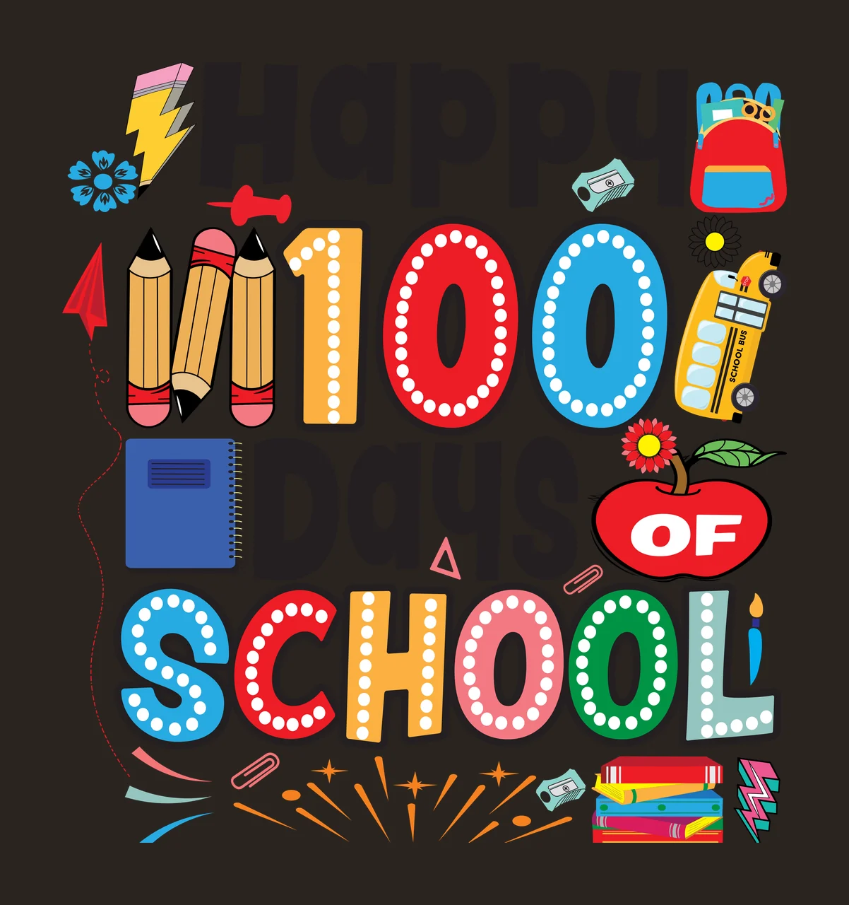Of School Happy 100 Days School Typography Composition pencil contrast preview thumbnail
