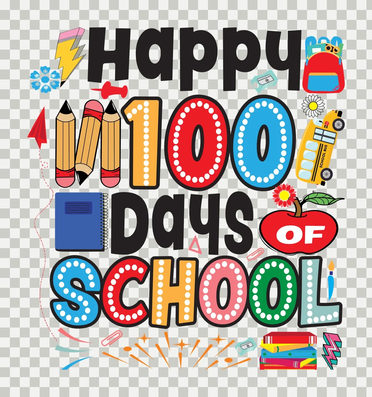 Of School Happy 100 Days School Typography Composition pencil transparency and detail preview thumbnail