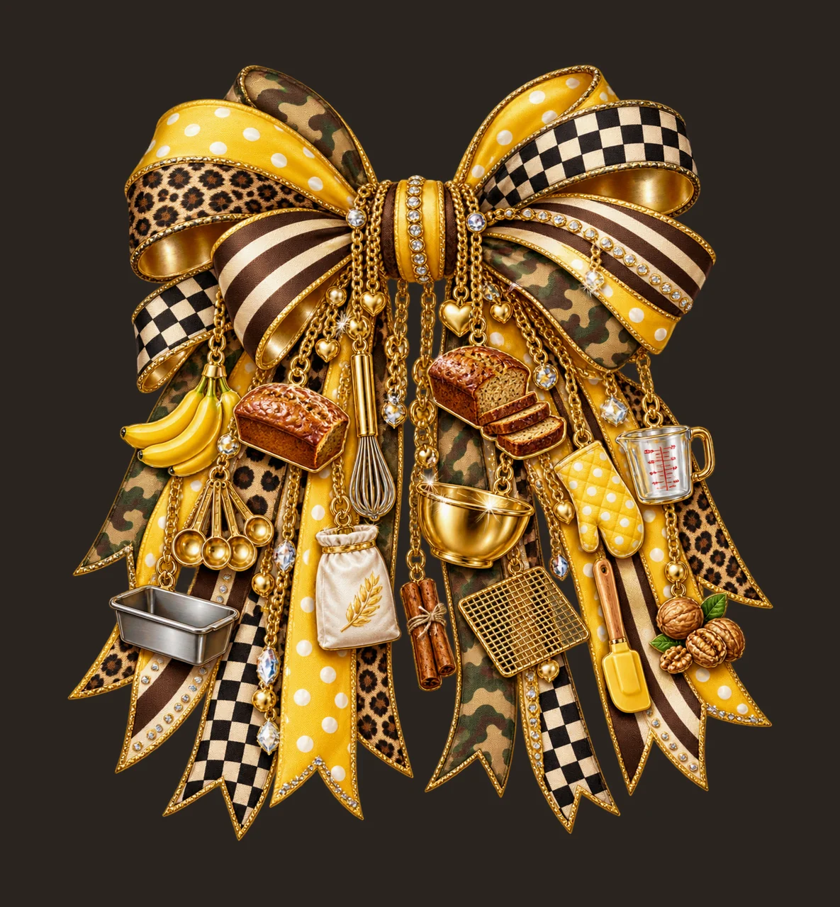 Banana Bread Baker Bow Charm PNG, Themed Gold Chain Charms, Coquette Ribbon Sublimation Design, Transparent Digital Download contrast preview thumbnail