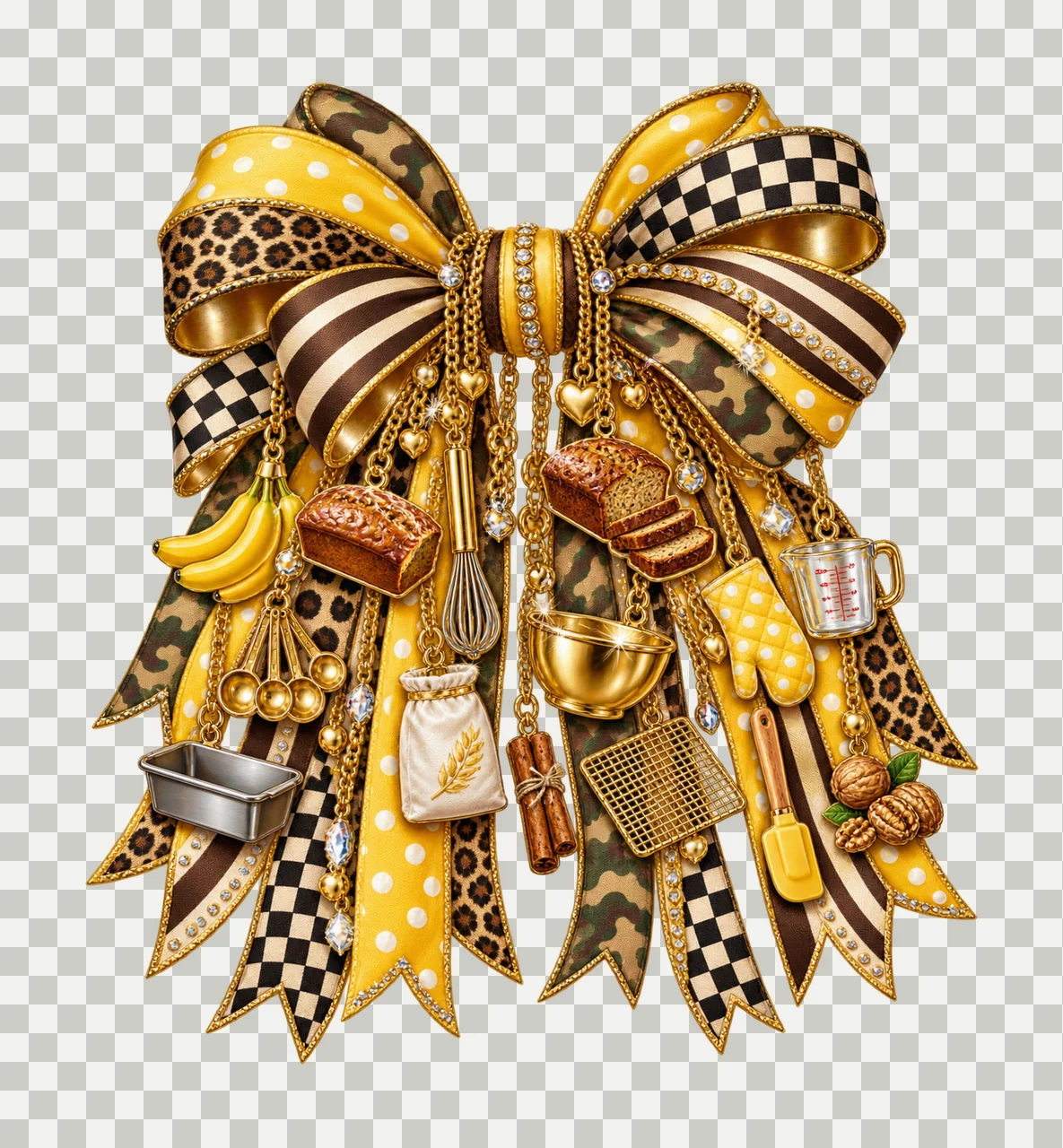 Banana Bread Baker Bow Charm PNG, Themed Gold Chain Charms, Coquette Ribbon Sublimation Design, Transparent Digital Download transparency and detail preview thumbnail