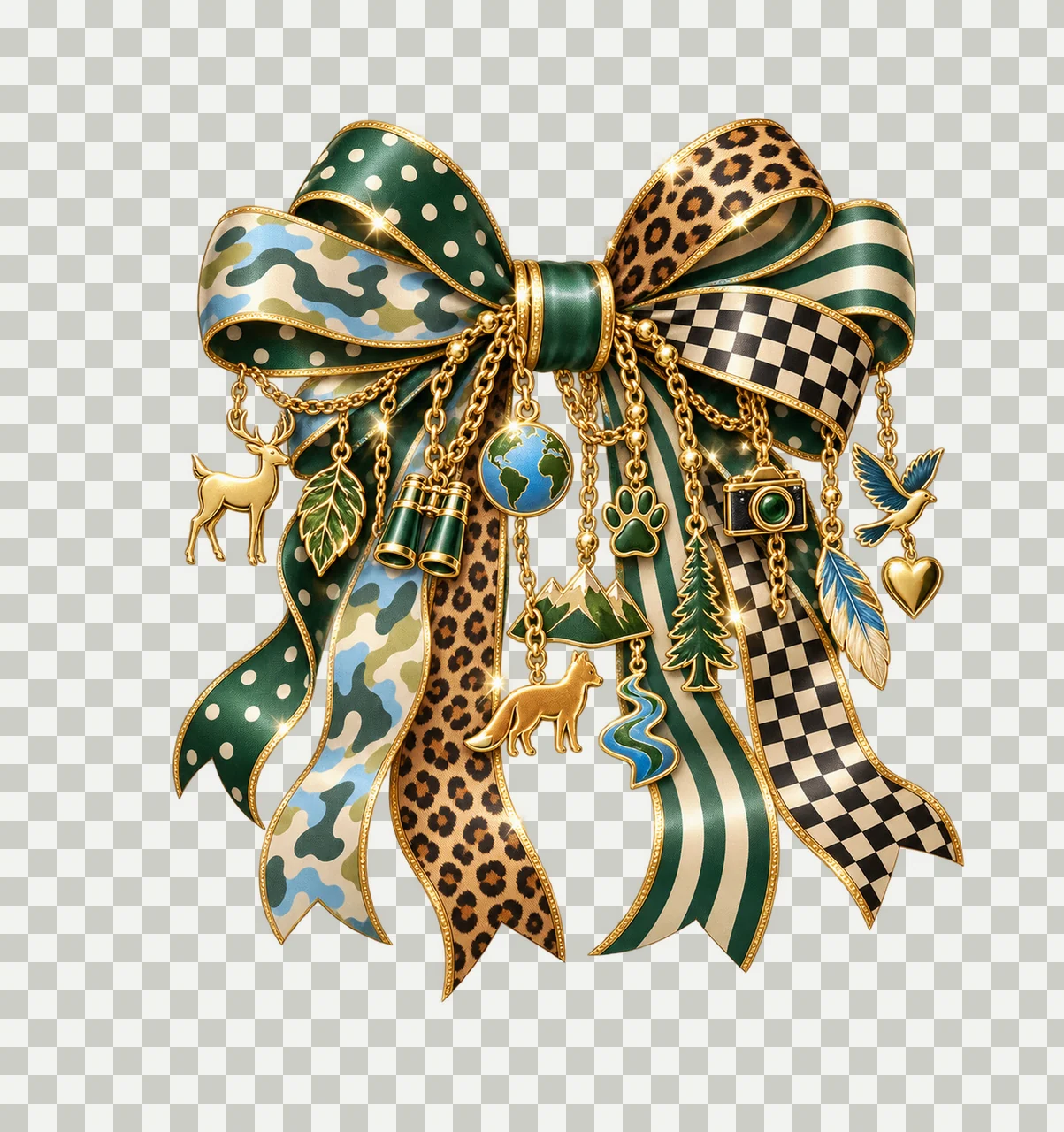 Wildlife Lover Bow Charm PNG, Themed Gold Chain Charms, Coquette Ribbon Sublimation Design, Transparent Digital Download transparency and detail preview thumbnail