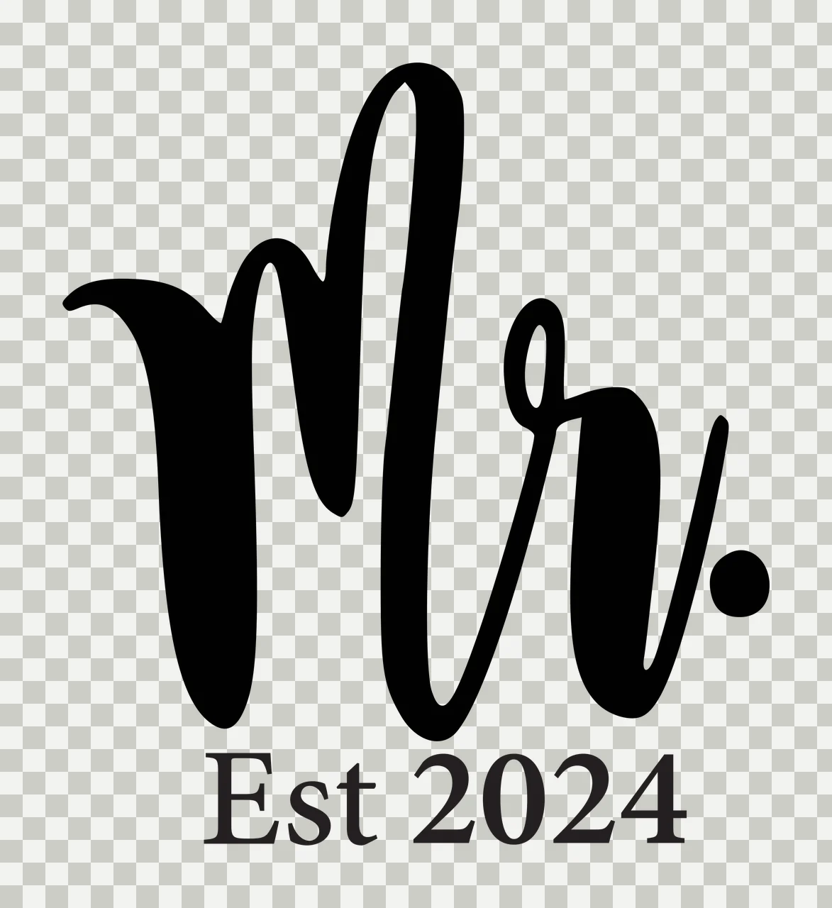 Mr. Est 2024 Typography Design with black cursive 'Mr ' and black serif 'Est 2024' in white transparency and detail preview thumbnail