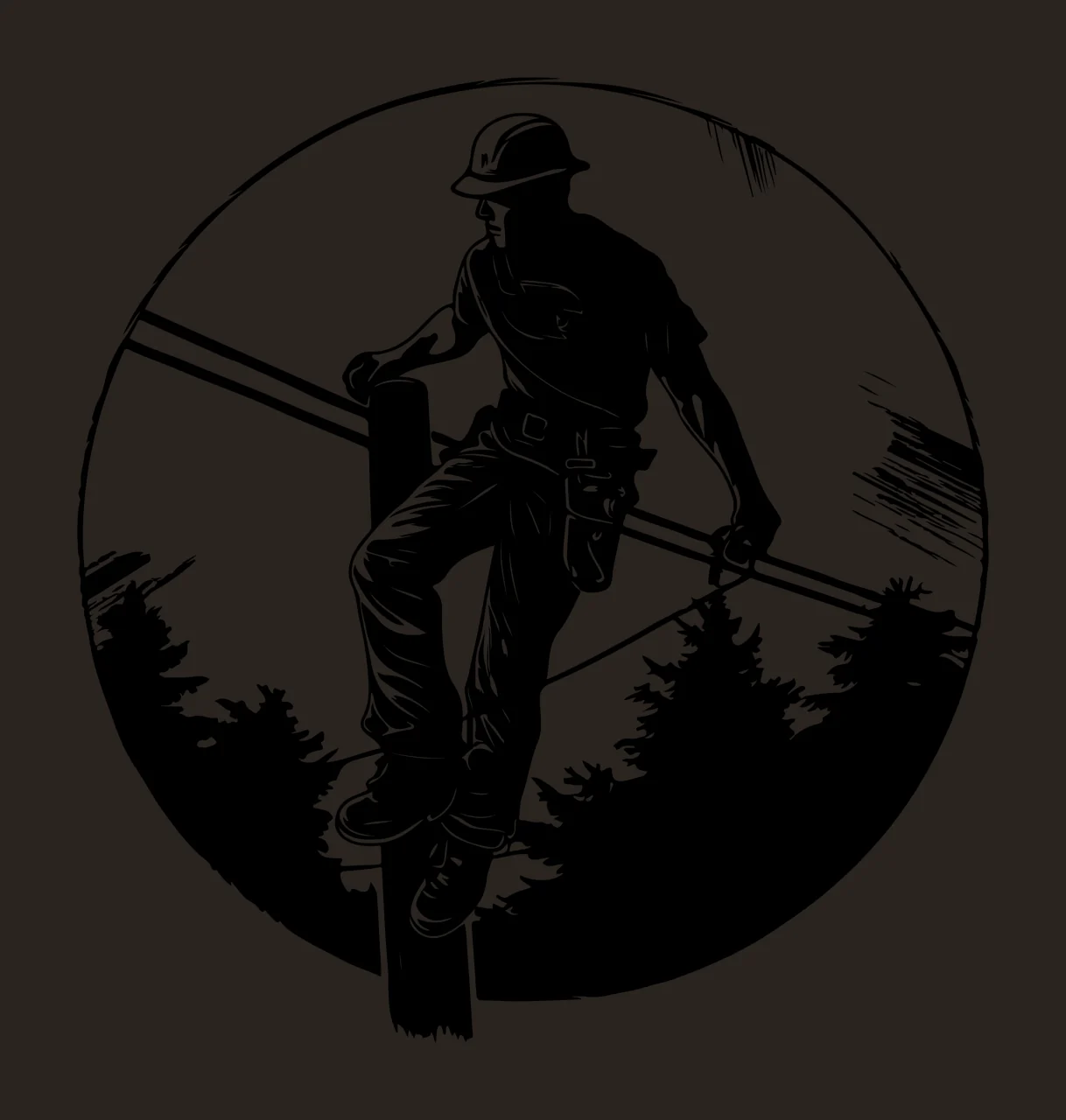 Worker On Pole Circular Silhouette climbing utility wires trees contrast preview thumbnail