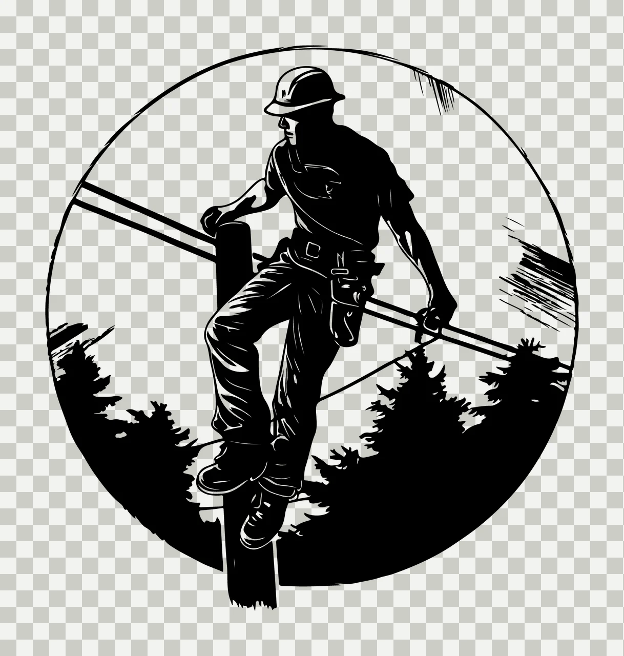 Worker On Pole Circular Silhouette climbing utility wires trees transparency and detail preview thumbnail
