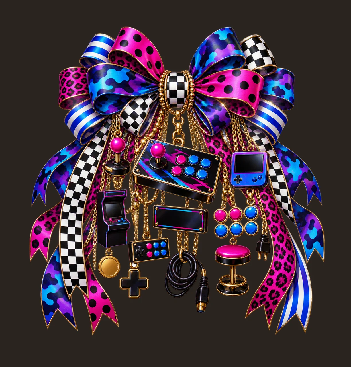 Gamer Arcade Fight Stick Bow Charm PNG, Gold Chain Charms, Transparent Sublimation Design, Digital Download contrast preview thumbnail