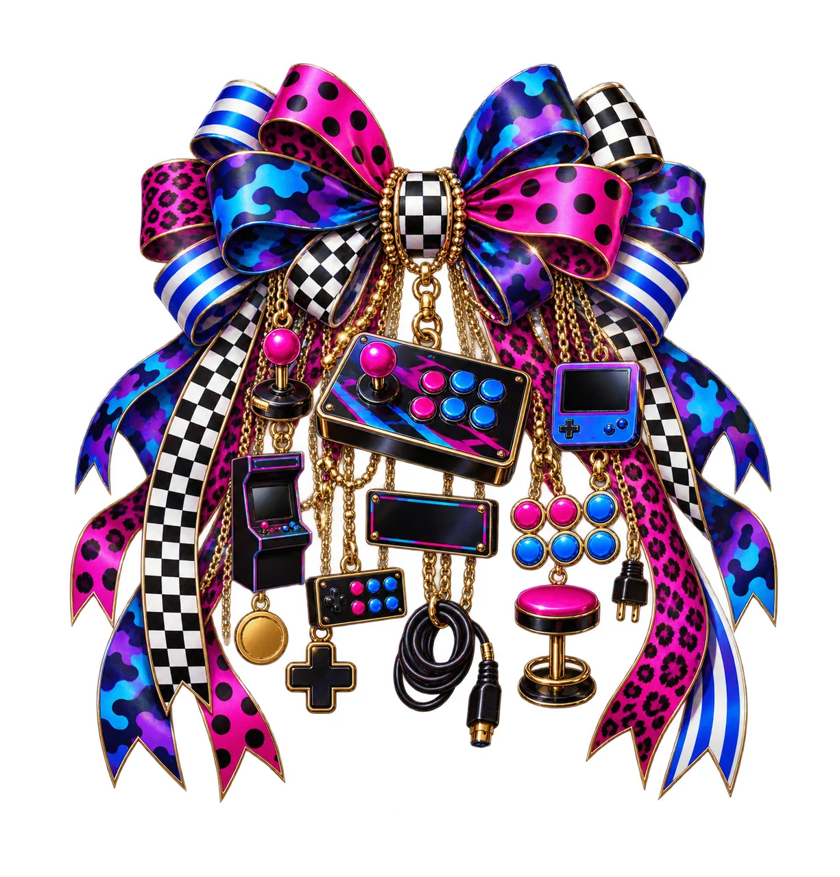 Gamer Arcade Fight Stick Bow Charm PNG, Gold Chain Charms, Transparent Sublimation Design, Digital Download