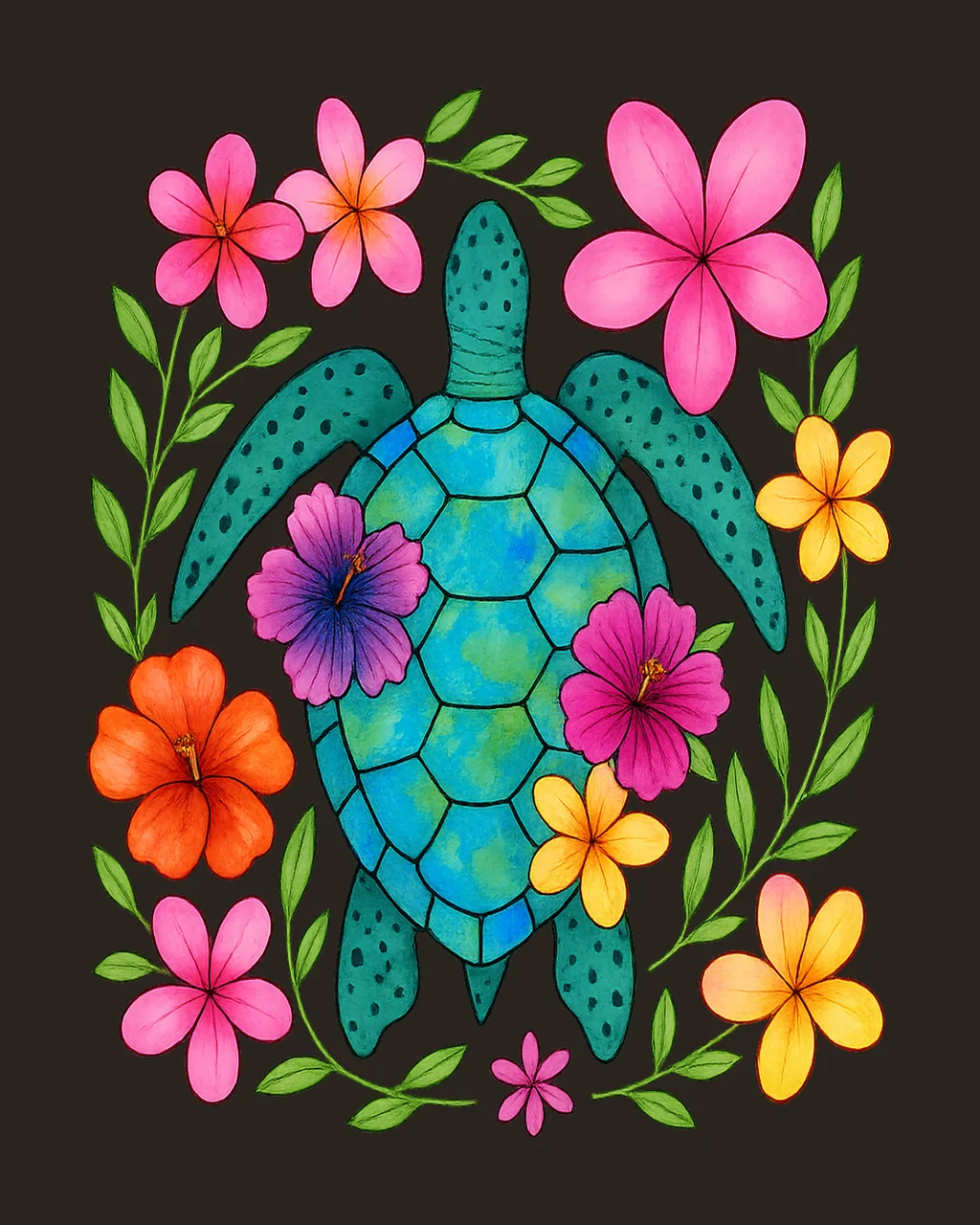Sea Turtle Framed By Tropical Flowers leaves leaf vine contrast preview thumbnail