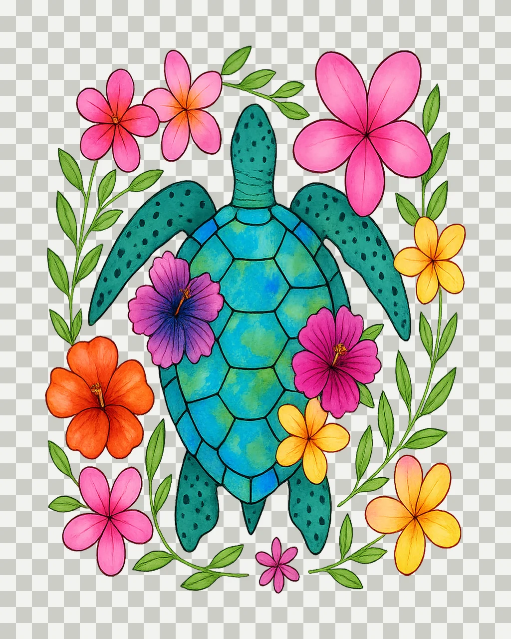 Sea Turtle Framed By Tropical Flowers leaves leaf vine transparency and detail preview thumbnail