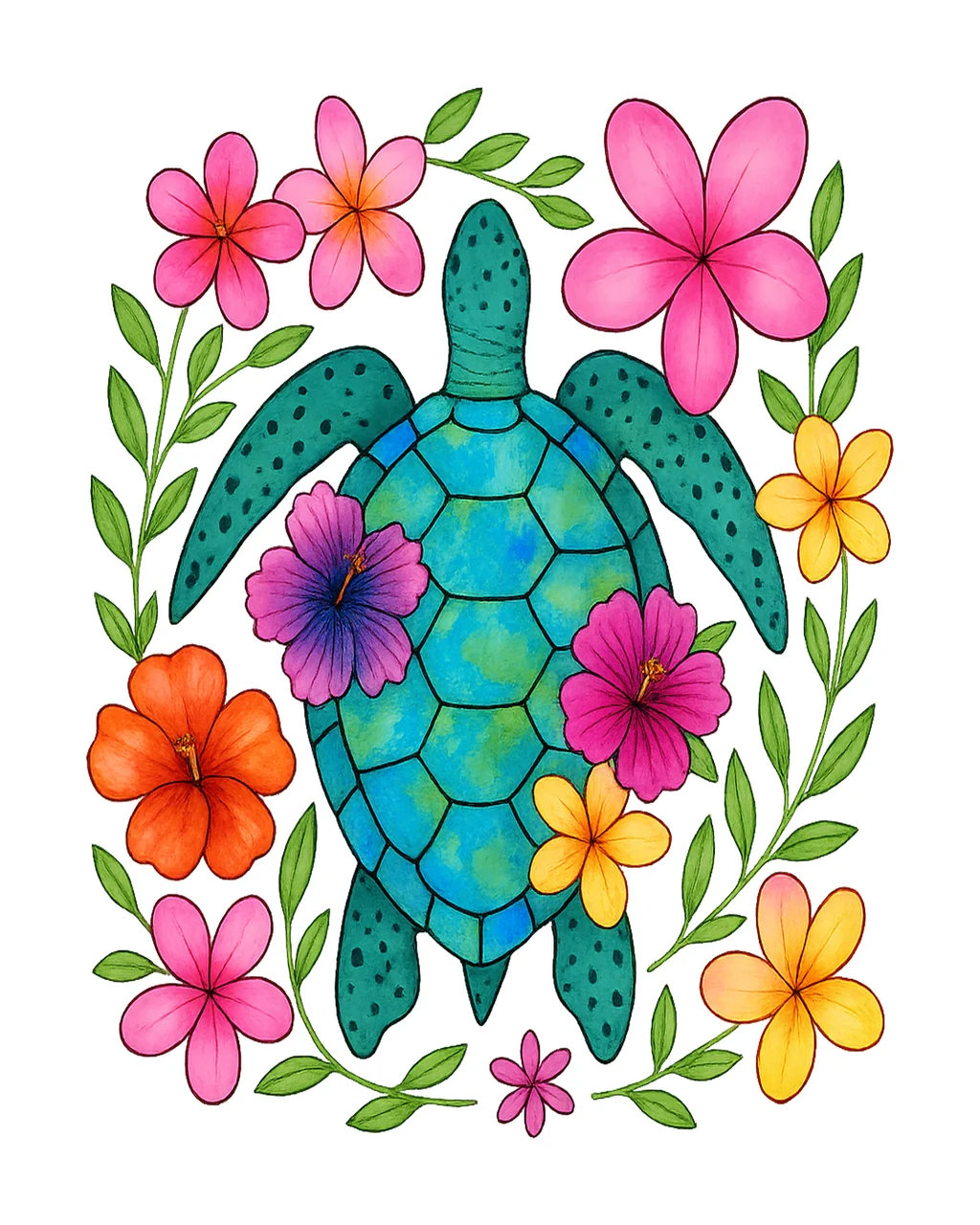 Sea Turtle Framed By Tropical Flowers leaves leaf vine