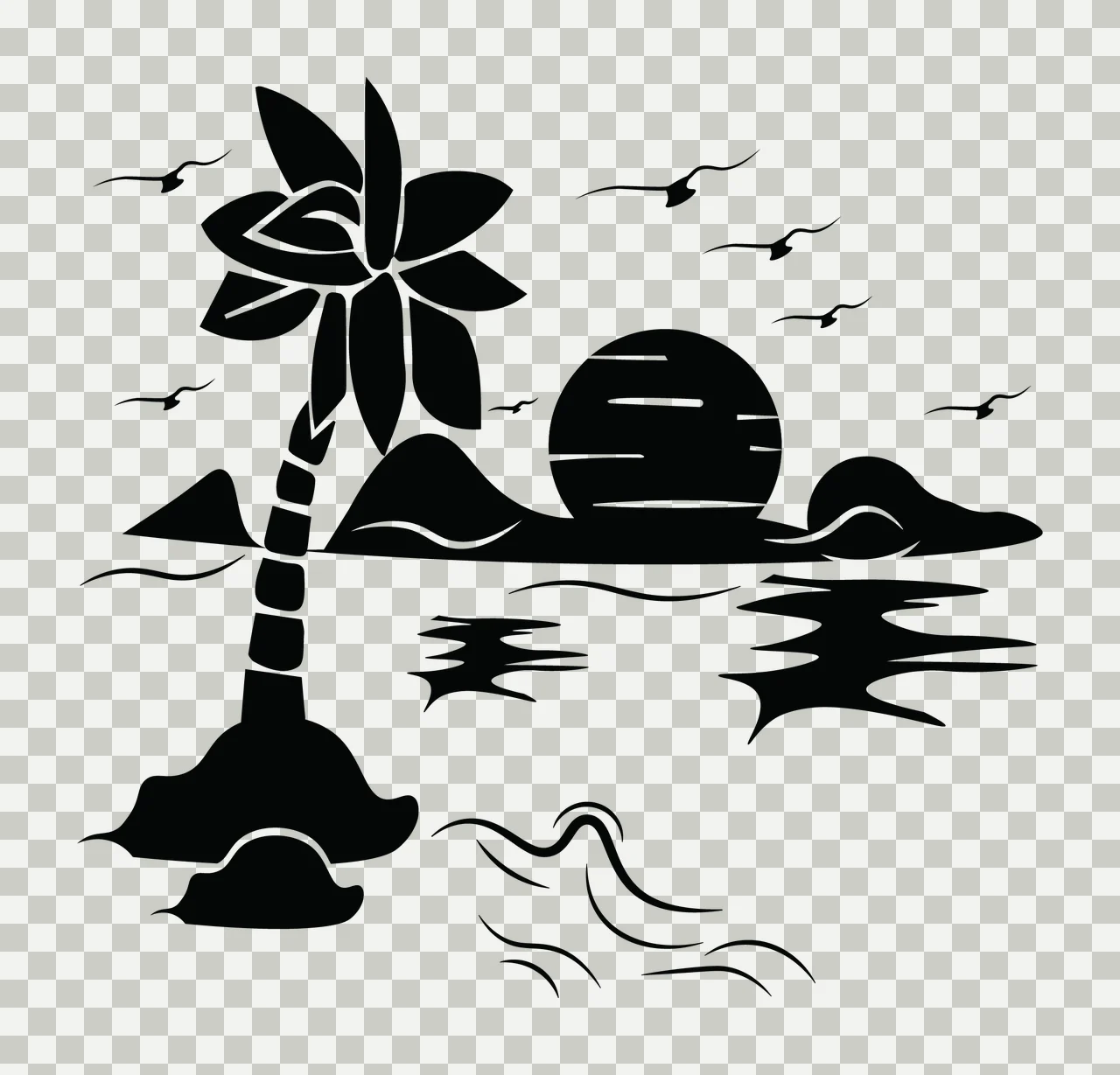 Palm Tree Island Sunset Scene sun birds islands water silhouette transparency and detail preview thumbnail