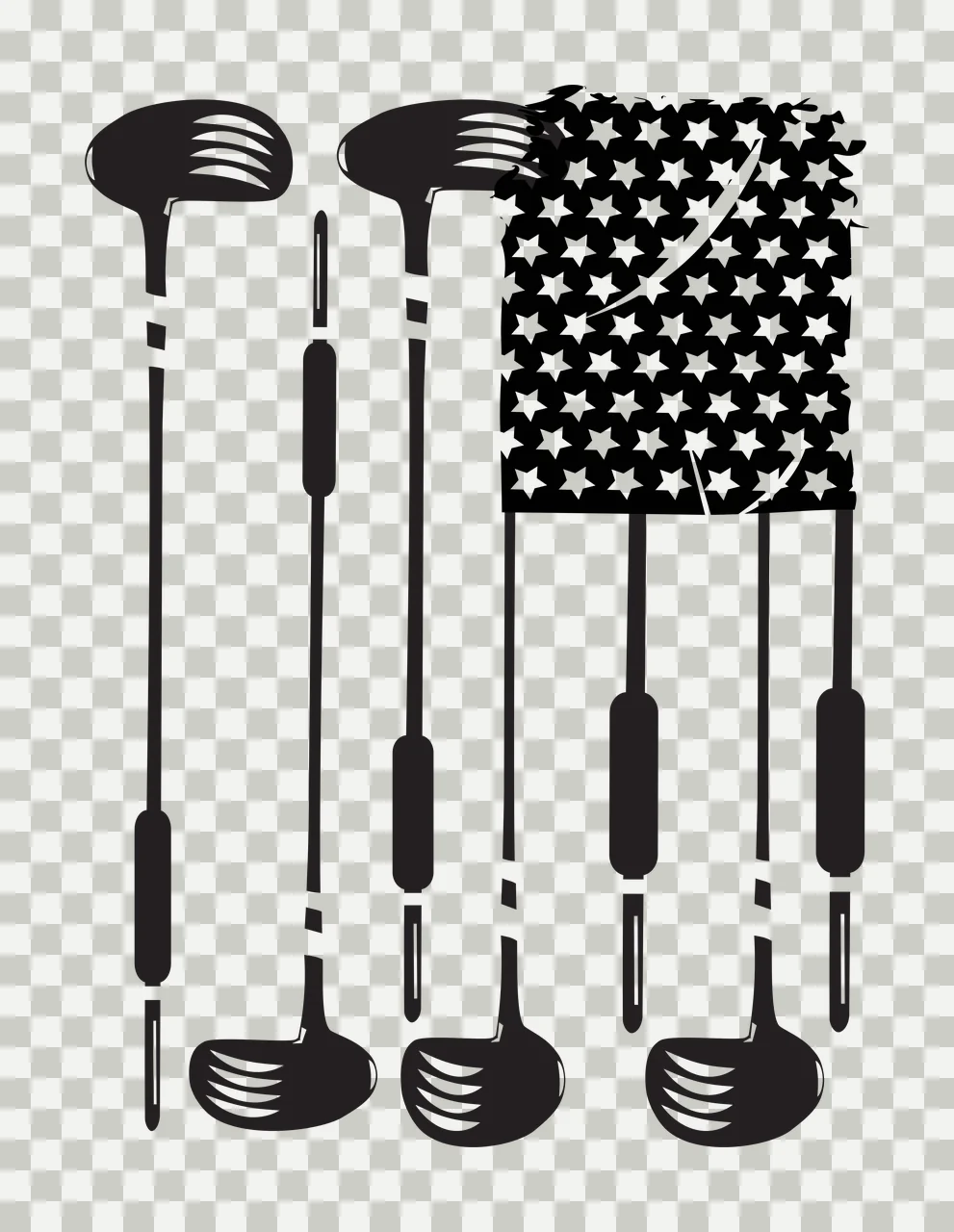 Golf Flag Design with Several Clubs Arranged Vertically Next to a Rectangular Star Pattern Section Black and White Silhouette transparency and detail preview thumbnail